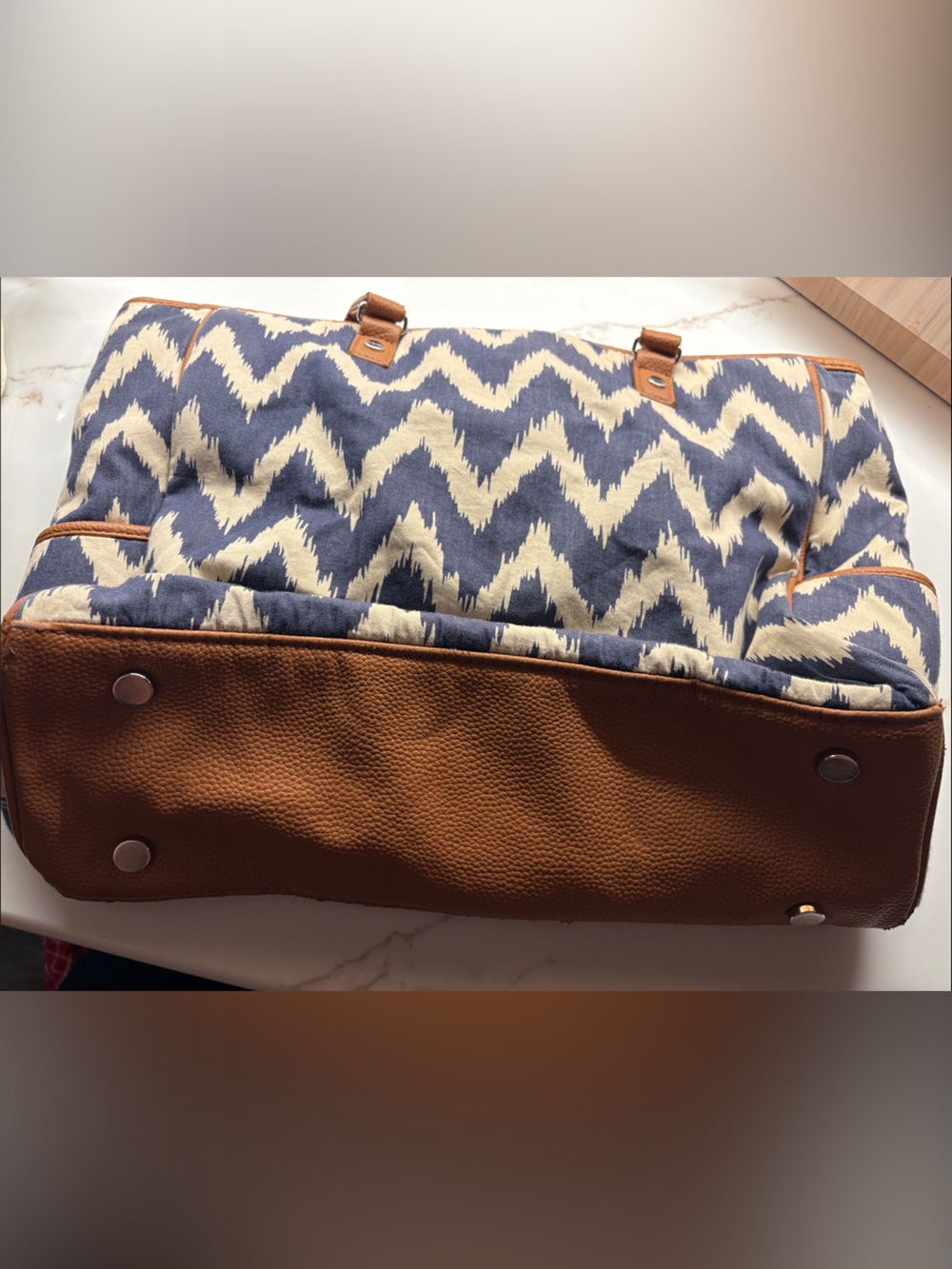 thirty-one Navy and Cream Chevron Tote with Brown Trim